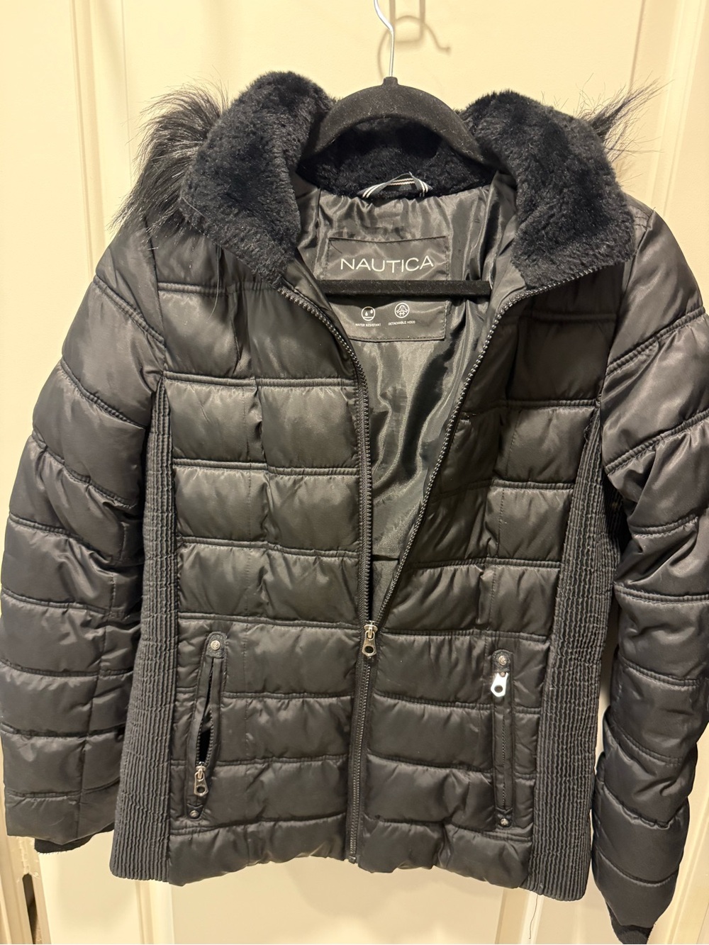 Nautica Black Quilted Puffer Jacket with Faux Fur Trim
